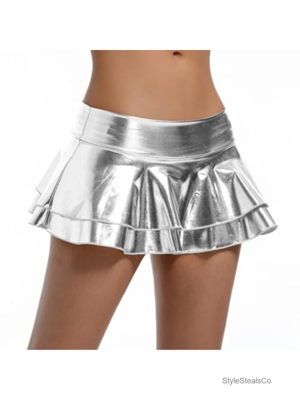 Metallic Pleated Ruffle Mini Skort Low Rise Skater Skirt Club Rave Dance